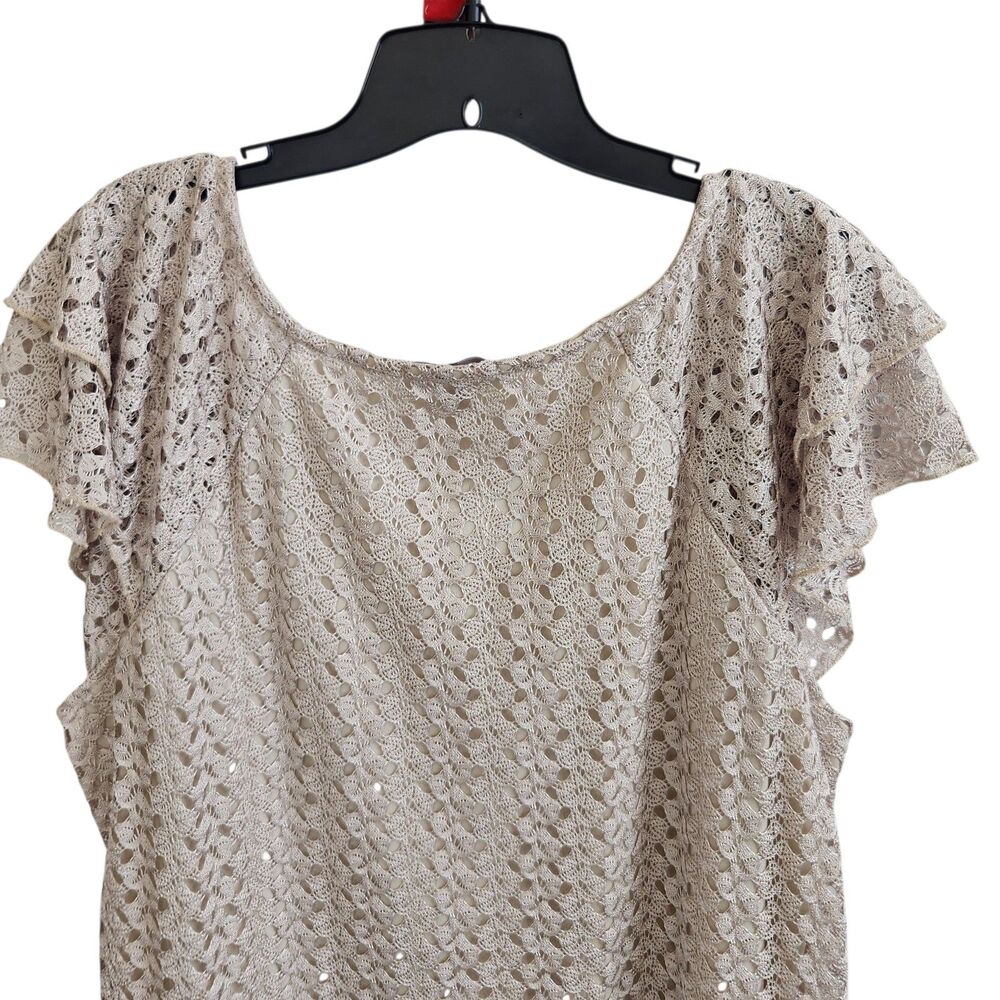 Roz & Ali-2X-Boho-Beige-Crochet Knit Top-Layered Flutter Sleeve-Coastal Grandma - Picture 4 of 10